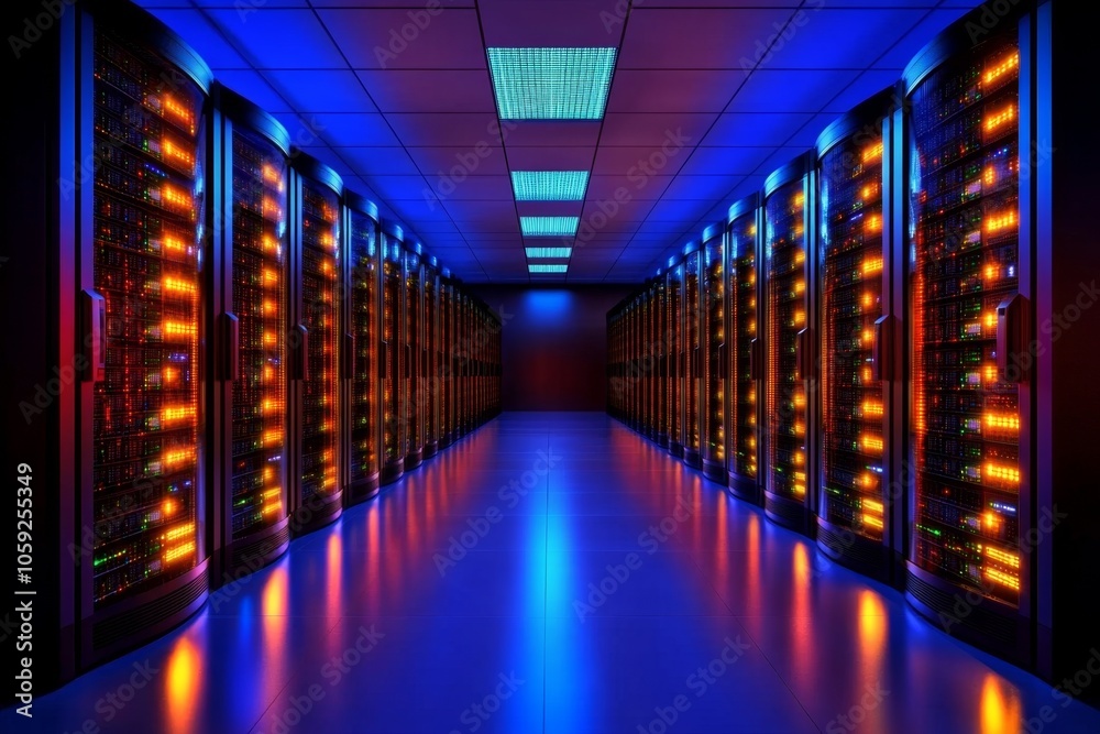 Poster Technicians in a brightly lit server room filled with neatly arranged server racks, capturing the clean and structured environment of a data warehouse, symbolizing organization and capacity