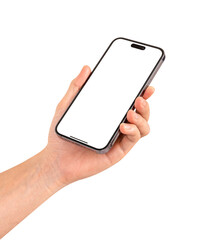 Close up of hand holding smartphone with blank screen isolated on white background.