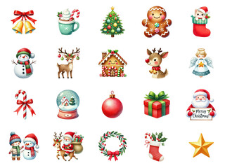 Naklejka premium A collection of christmas-themed watercolor illustrations featuring Santa, reindeer, snowmen, and holiday decorations.