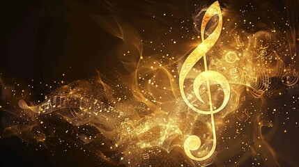 Striking gold music staff with treble clef notes on black background, golden speckles, dynamic abstract design evokes awe and sophistication.