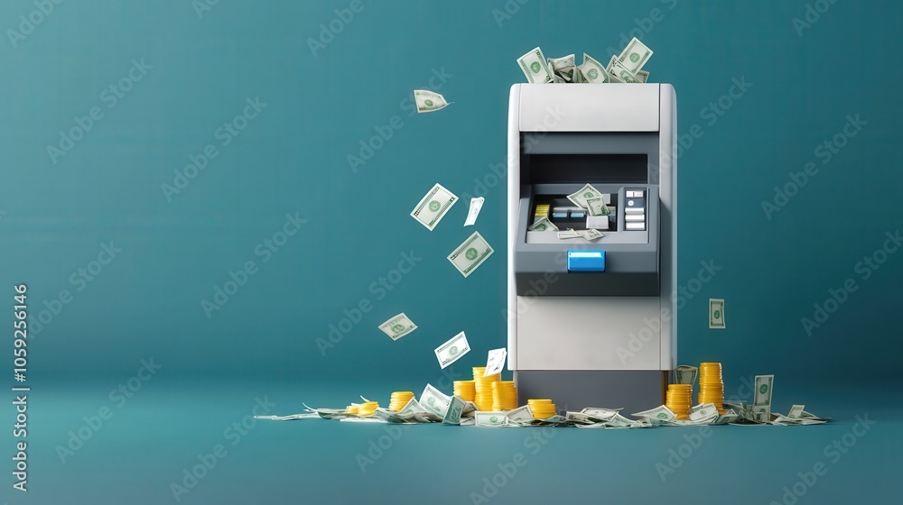 Aufkleber Automated teller machine overflowing with cash and coins in a modern setting