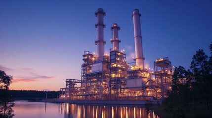 Obraz premium A large power plant with tall smokestacks and many lights on stands beside a lake at dusk.