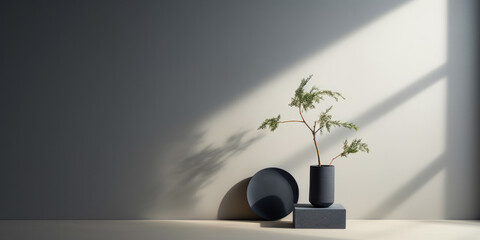 A minimalist scene with a vase holding green branches casting shadows on a wall, creating a serene atmosphere.