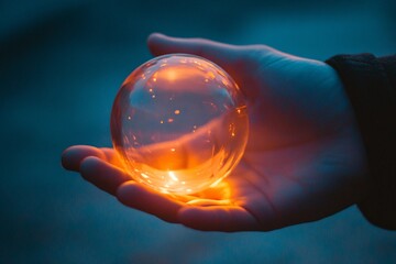 A person&rsquo;s hand gently touching a glowing crystal ball, soft ambient light, focus on hand and crystal 2