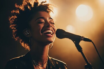 A person with a bright smile, singing passionately into a microphone, with spotlight and stage background 6