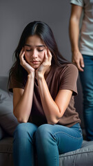 Fototapeta premium A young woman looks distressed while seated, reflecting emotional turmoil, with a figure standing behind her. For mental health articles, relationship discussions, and emotional wellness campaigns