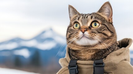 Obraz premium A curious cat wearing a harness gazes at snowy mountains, embodying a spirit of adventure and exploration.