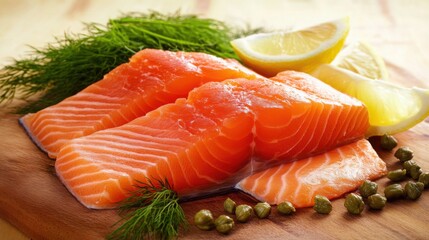 Smoked salmon slices on a wooden board with dill, lemon wedges, and capers