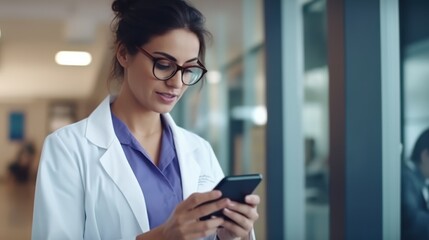 A focused female doctor in a white coat studies updates on her smartphone, embodying the blend of medicine and technology in a modern hospital corridor.