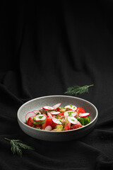 Fresh Vegetable Salad with Radishes and Tomatoes in Ceramic Bowl.