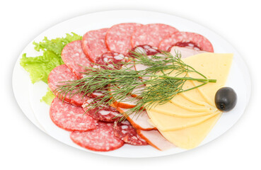 salad, dill, sausage, ham, cheese, plate, white, olive
