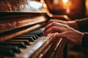 Obraz premium A hand playing a wooden piano, warm indoor light, focus on fingers and keys, rich textures 3