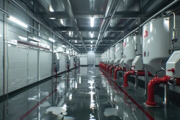 Cow milking facility with mechanized equipment.