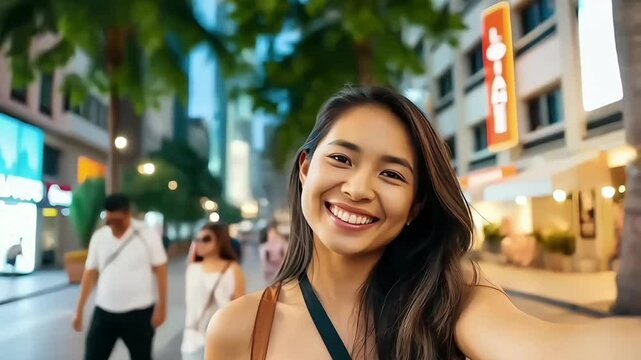 A cheerful filipina woman smiling and having a great time in front of the camera at the city center