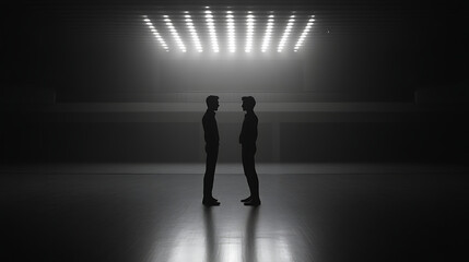 Obraz premium Two dancers in silhouette facing each other under bright lights, creating dramatic atmosphere. tension is palpable as they engage in heated argument