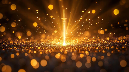 glowing sword emerges from sparkling background, radiating light and energy. scene is filled with golden particles, creating magical atmosphere