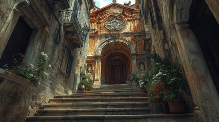 Stone steps leading up to the entrance of an old church with a round window and a doorway.