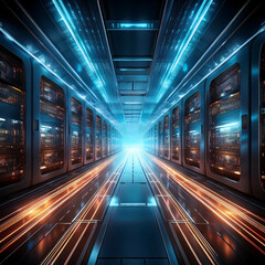 Obraz premium Futuristic Data Center Corridor with Neon Light Trails