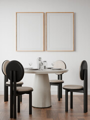 Fototapeta premium Picture frame interior, mockup frame, poster wood two frame in empty picture interior dining table cozy home room in illustration 3d render