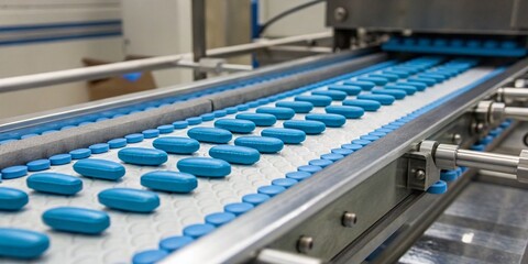 Obraz premium Blue Pills on Conveyor Belt in Pharmaceutical Production Line for Health and Wellness Industry