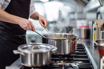 A chef wearing a black apron, stirring a large pot of soup on a modern stainless steel stove in a bright kitchen 3