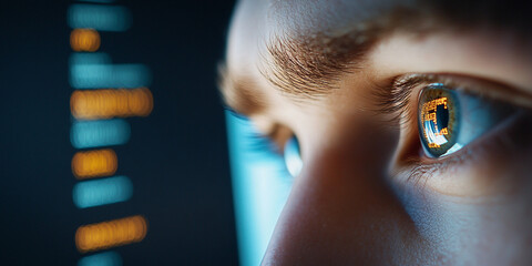 Close up of hacker eye reflecting code from computer screen, showcasing intense focus and concentration on digital data