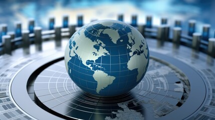 A globe surrounded by futuristic elements signifies global interconnectedness in business, highlighting innovation and technological advancement.
