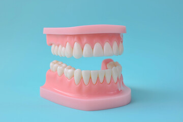 Obraz premium Dentures with white teeth and pink gums on a blue background, dentistry for advertising, modern minimalistic banner