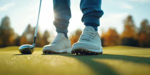 Close up shot of golfer feet and golf club preparing for swing on sunny day. focus is on shoes and club, capturing essence of game