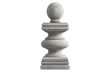 A white marble finial with a round top and a square base. The finial has a classic design with multiple layers., isolated on transparent or white background