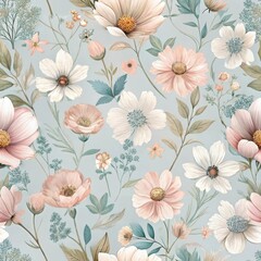 Delicate floral pattern with pastel wildflowers and leaves on light blue background