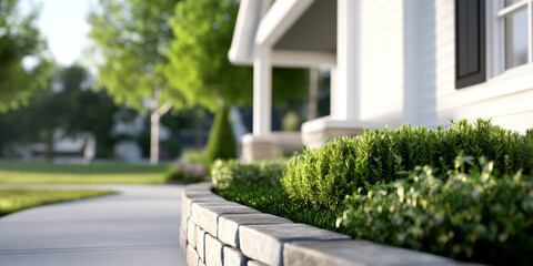 serene home exterior featuring stone wall, lush greenery, and well maintained pathway. inviting atmosphere showcases beautiful landscape design
