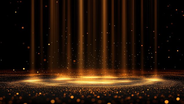 Black background, golden particles of light on the ground, with gold rays shining down from top to bottom Gold particle effects fall like rain and form an irregular circle in front of it Generative AI