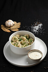 Traditional Russian Dumplings with Creamy Sauce in White Bowl.