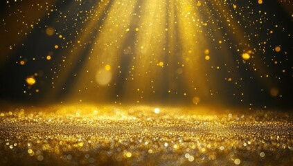 Black background, golden light rays shining down from the top of the screen, a large number of gold particles flying in the air, creating an atmosphere full of dreams and fantasy Generative AI