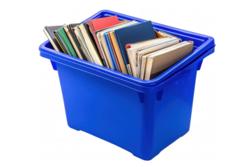 A blue plastic bin filled with a variety of colorful books, isolated on transparent or white background