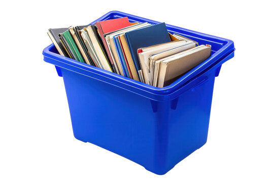 A blue plastic bin filled with a variety of colorful books, isolated on transparent or white background