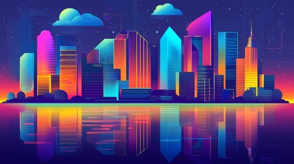 Night-time futuristic city on a transparent background. Reflection of city lights in the water creates the illusion of a modern metropolis