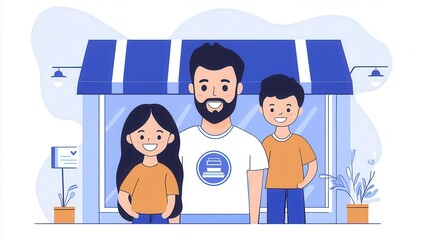 Family posing with store logo in front of entrance, smiles and celebration, grand opening