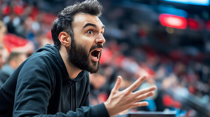 Fototapeta premium passionate basketball coach passionately expresses frustration during game, showcasing intense emotions and engagement