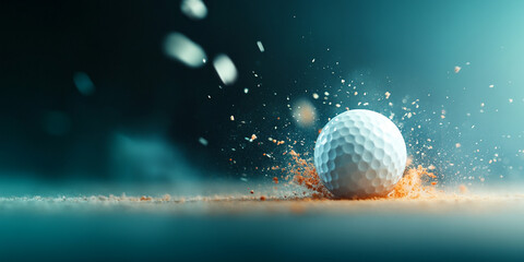 golf ball in motion after being struck by club, creating dynamic scene with flying debris and dust. image captures energy and excitement of game