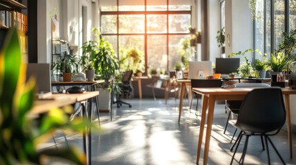 A sunny, modern office with desks and chairs, the background is slightly out of focus.