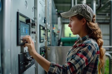 Female farmer checking control panels on milking system