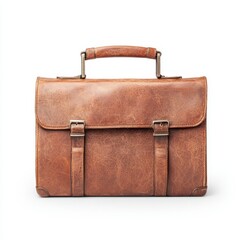 A vintage brown leather briefcase with a smooth texture and sturdy handle, featuring two buckle closures for secure storage.