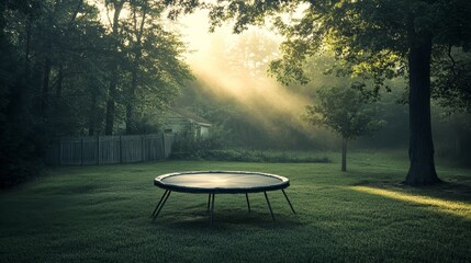 A serene backyard scene featuring a trampoline surrounded by trees and soft morning light.
