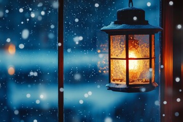 Close-up of an old window with falling snowflakes, illuminated by warm lantern light, creating a dreamy festive atmosphere.