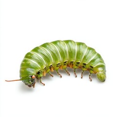 A close-up of a vibrant green caterpillar, showcasing its segmented body and delicate features against a plain white background.