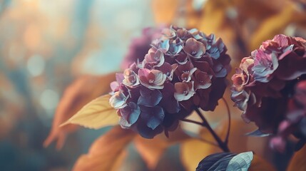 A close-up of vibrant hydrangea flowers amidst autumn leaves.