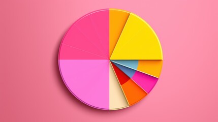 Obraz premium A vibrant pie chart with various bright colors set against a pastel pink background, illustrating dynamic data visualization.