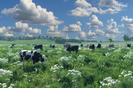 Herd of cows grazing at summer green field